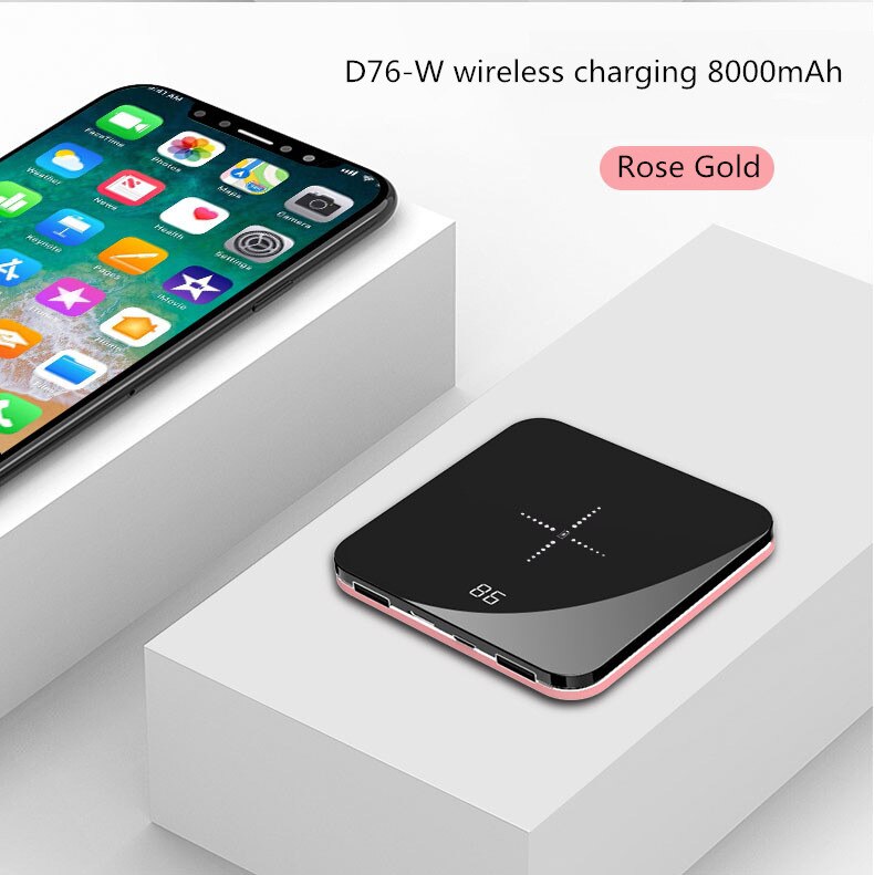 8000mAh Mini Power Bank 2.0A Quick Charge Power bank Dual-USB Portable Mirror Aluminium Fast Charging Mini External Battery: Rose Gold D76-W