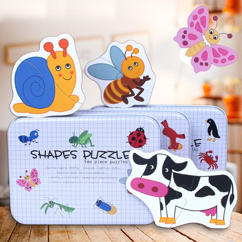 Baby Speelgoed Ijzeren Doos Houten Kaart Voertuig Fruit Dieren 3D Puzzel Spel Speelgoed Baby Vroege Educatief Training Cognitieve Puzzels