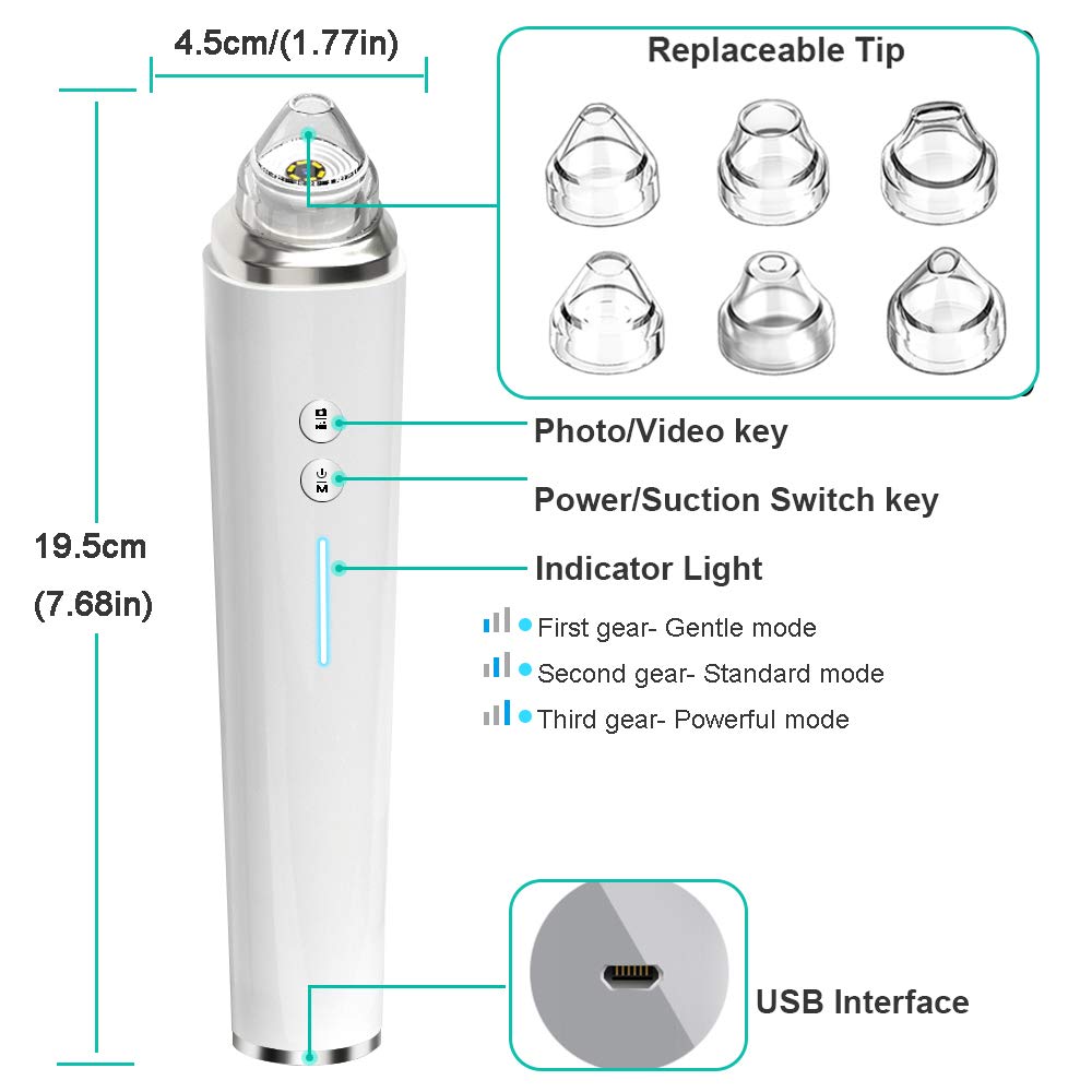 Blackhead Remover Vacuum WiFi Visual Facial Pimple Sucker Removal Extractor Tool with 6 Replaceable Probes Acne Pore Suction
