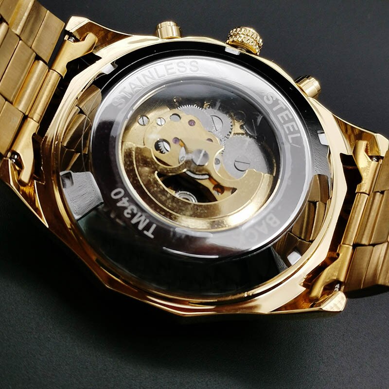 Full Golden Steampunk Men Skeleton Mechanical Automatic Casual Wrist Watches for Men