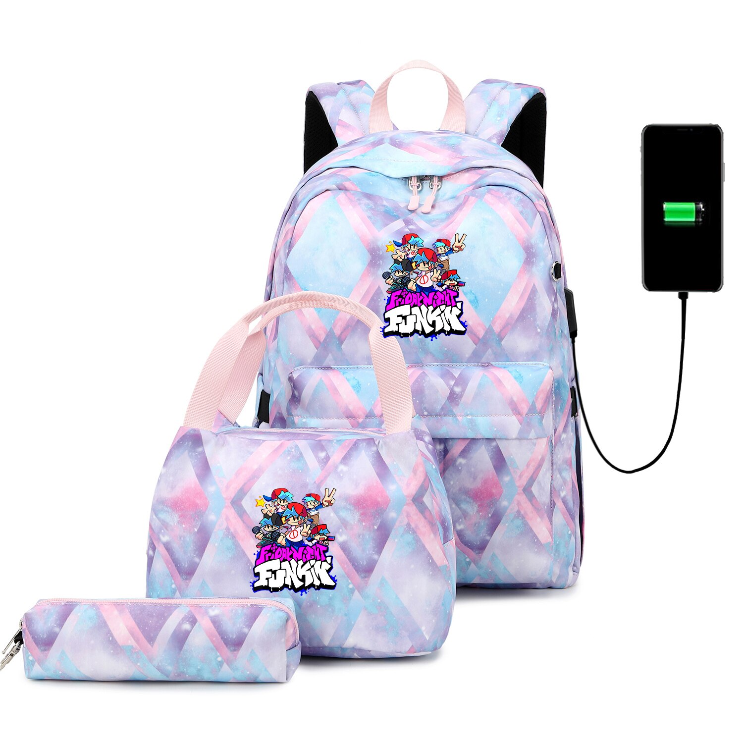 Funkin-mochilas escolares para adolescentes, niños y niñas, juego de Mochila de viaje con carga USB, bolsa de libros para estudiantes, Juego de 3 unids/set: 012