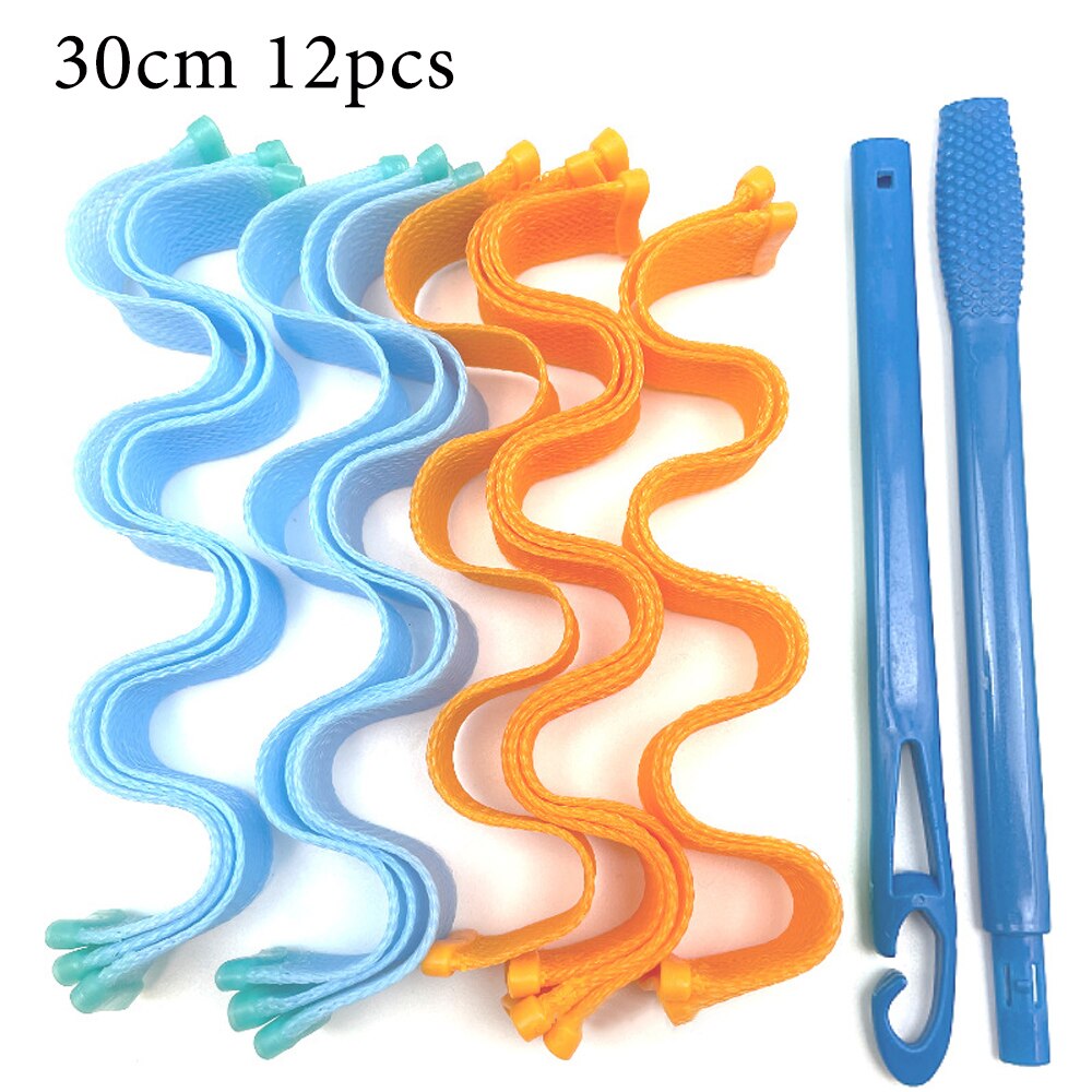 12 Stuks Magic Hair Curler Heatless Haar Rollen Wave Formers Krultang Loop Schoonheid Kapsel Roller Sticks Make Hair Styling Tools: Blue and Orange