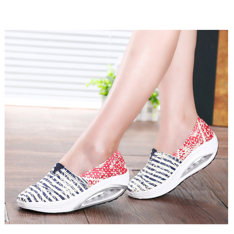 Spring Summer Women Toning Shoes Slip-on Lazy Shoes Canvas Stripe Breathable Loss Weight Slimming Cushion Sneakers