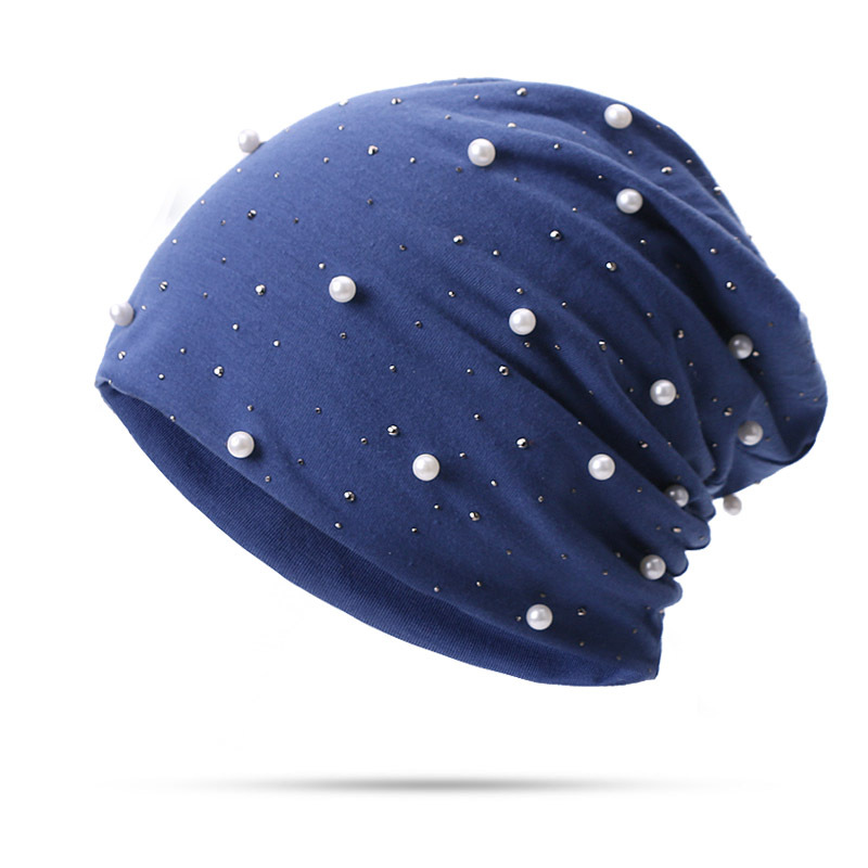 Soft Cotton Autumn Spring Beanie Hats Women Girls Pearl Rhinestones Warm Skullies Caps Turban Bonnet Hat Female Ladies: Cotton Blue 1