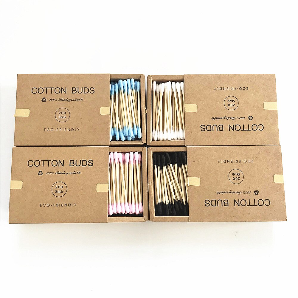 Boîte de coton tiges en bambou, emballage carton qui contient 1000 bâtonnets en bois, double embout, pour le soin des oreilles et du nez, accessoire de maquillage