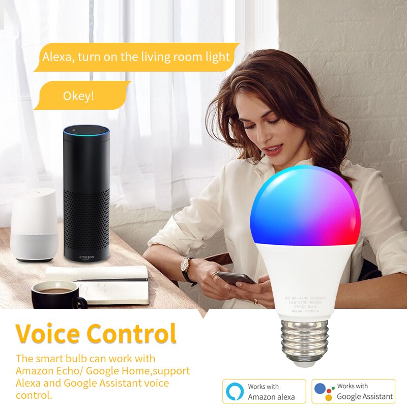 15w tuya smart pære wifi  e27 rgb+hvidt led lys lampe dæmpbare magiske pærer smartlife app stemmestyring via google home alexa