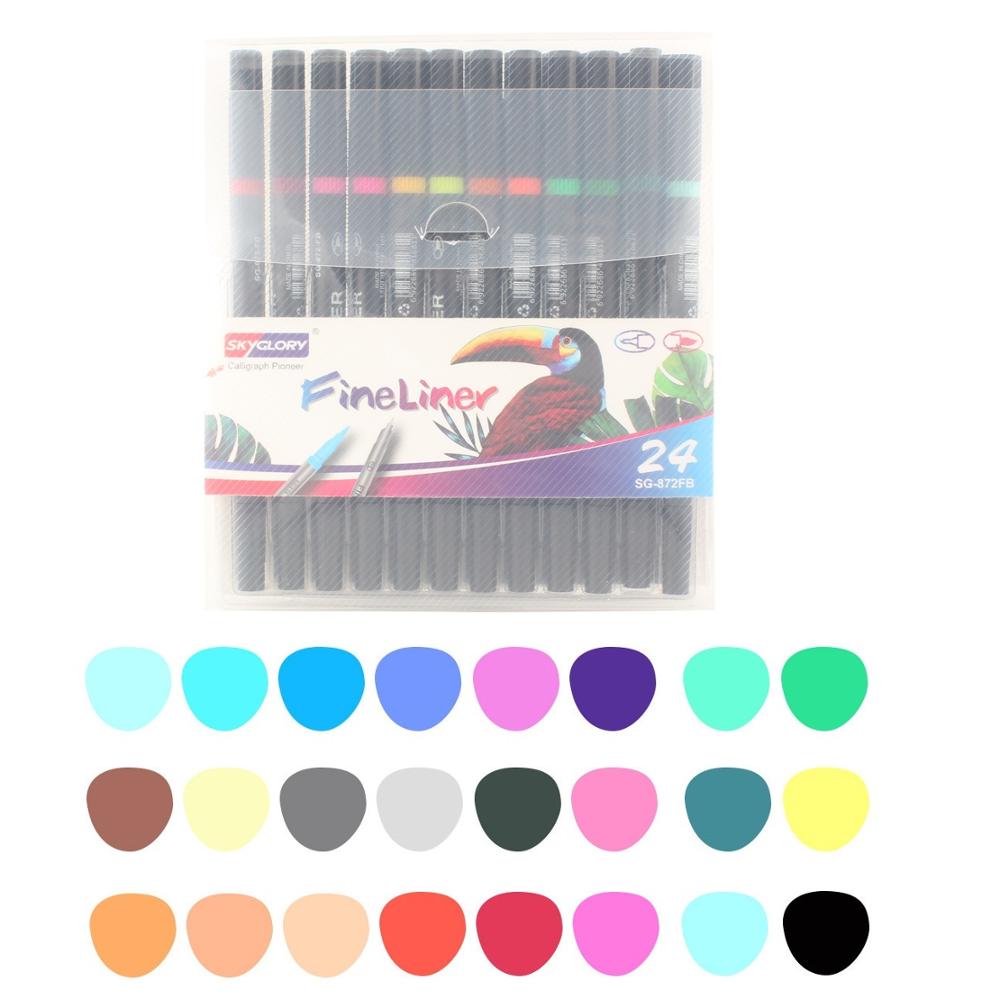12/24 farver dobbelt spids penselpen highlighter fed fine liner kalligrafi tegning signatur kunst maleri skolebørn  a6855: 24 farvesæt