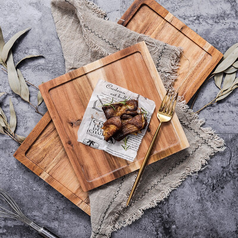 Black Western Food Tray Square Japanese Style Wooden Pallet Steak Sushi Western Food Tray Solid Wood Tray Pizza Hotel Tray