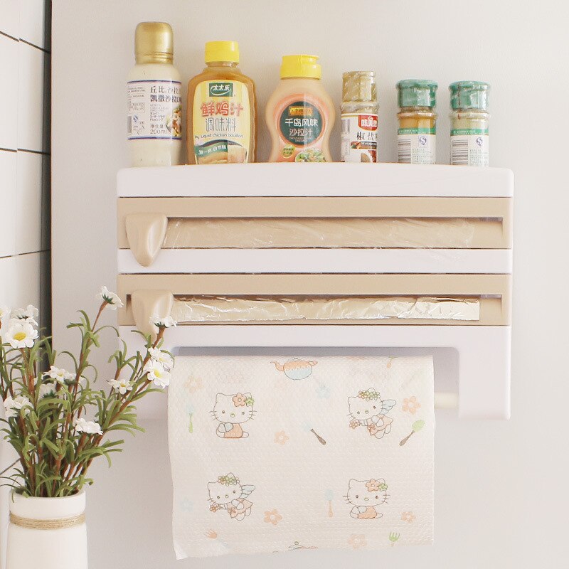 Roll Paper Storage Hardware Wall-Mount Towel Holder Kitchen Organizer Preservative Film Dispenser Sauce Bottle Storage Rack: yellow