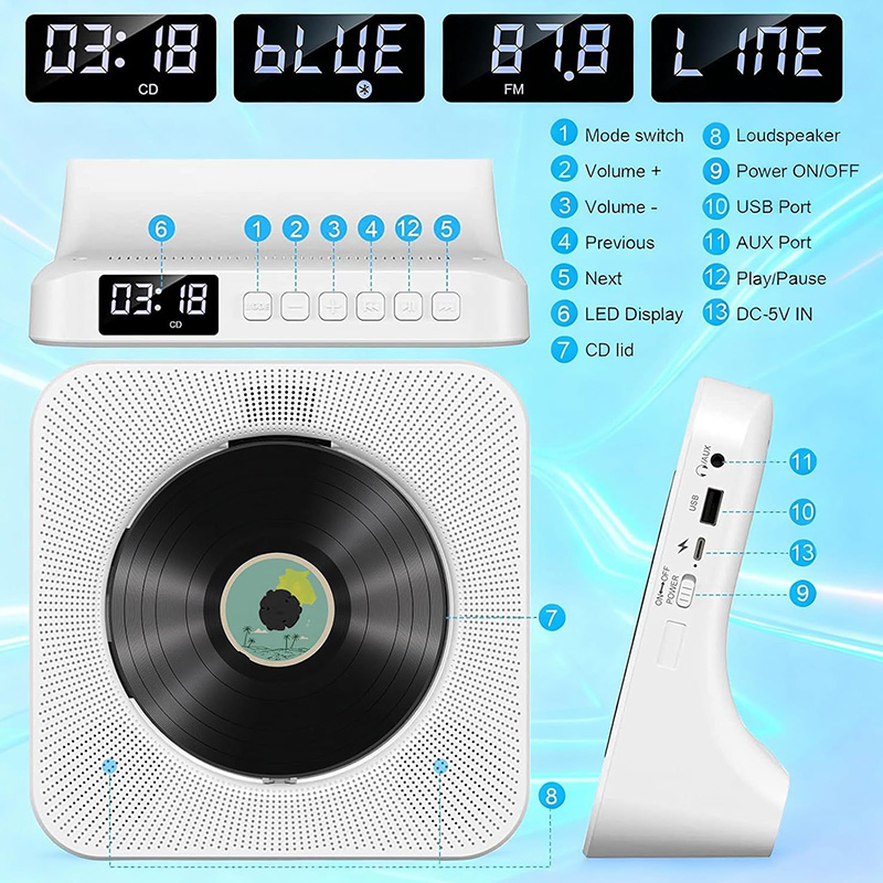Rechargeable CD Player Bluetooth Speaker Stereo with Infrared Remote Control AUX USB FM Radio Support CD/CD-R/CD-RW Music Player