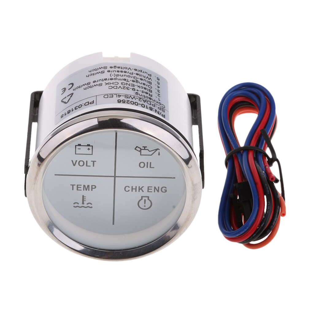 52mm 2" 4 LED Alarm Gauge VOLT OIL TEMP CHK ENG Indicator Meter