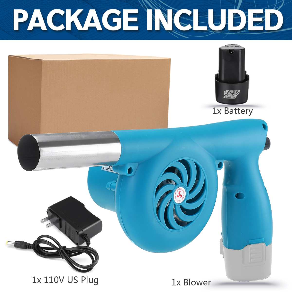 Cordless Electric Air Blower Handheld Leaf Blower Dust Collector Sweeper BBQ Grill Fire Bellows Tools with Li-ion Battery: US Plug 1 Battery