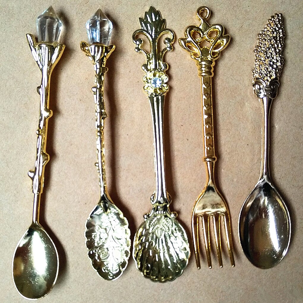 Estilo real clásico 6 uds bronce tallado respetuoso del medio ambiente pequeño té y café cucharas tenedor alimentos mezcla exclusiva