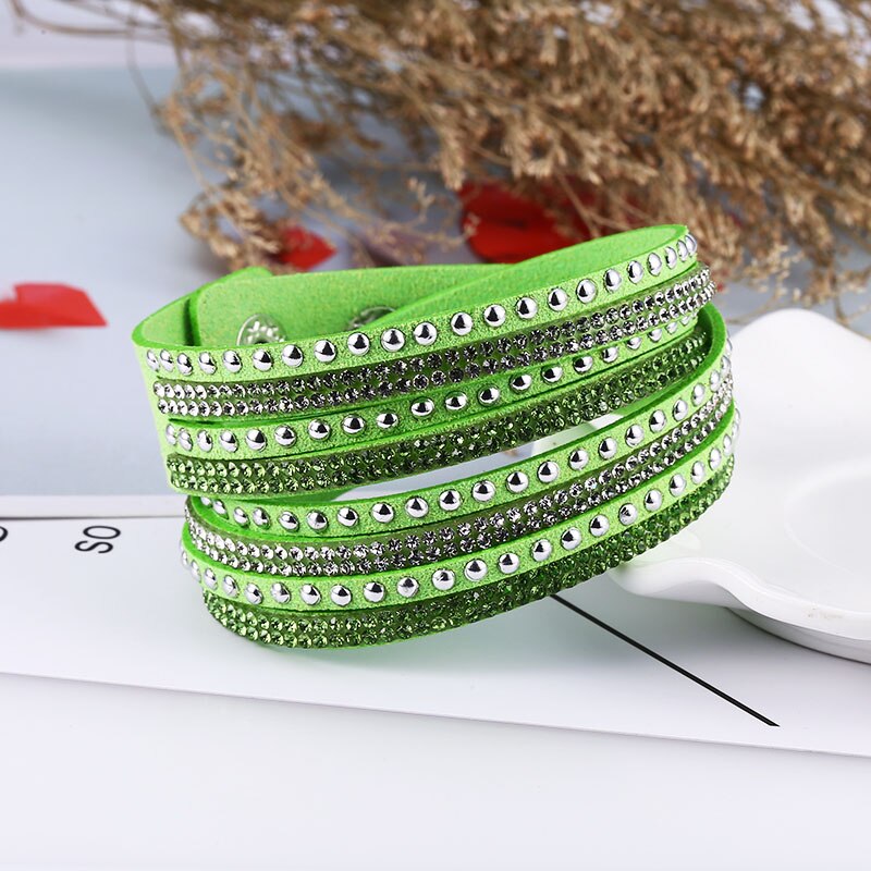 HOCOLE-Pulseras de cuero con abalorios de cristal para mujer, pulsera de diamantes de imitación multicapa, joyería femenina, de boda: light green Bracelet