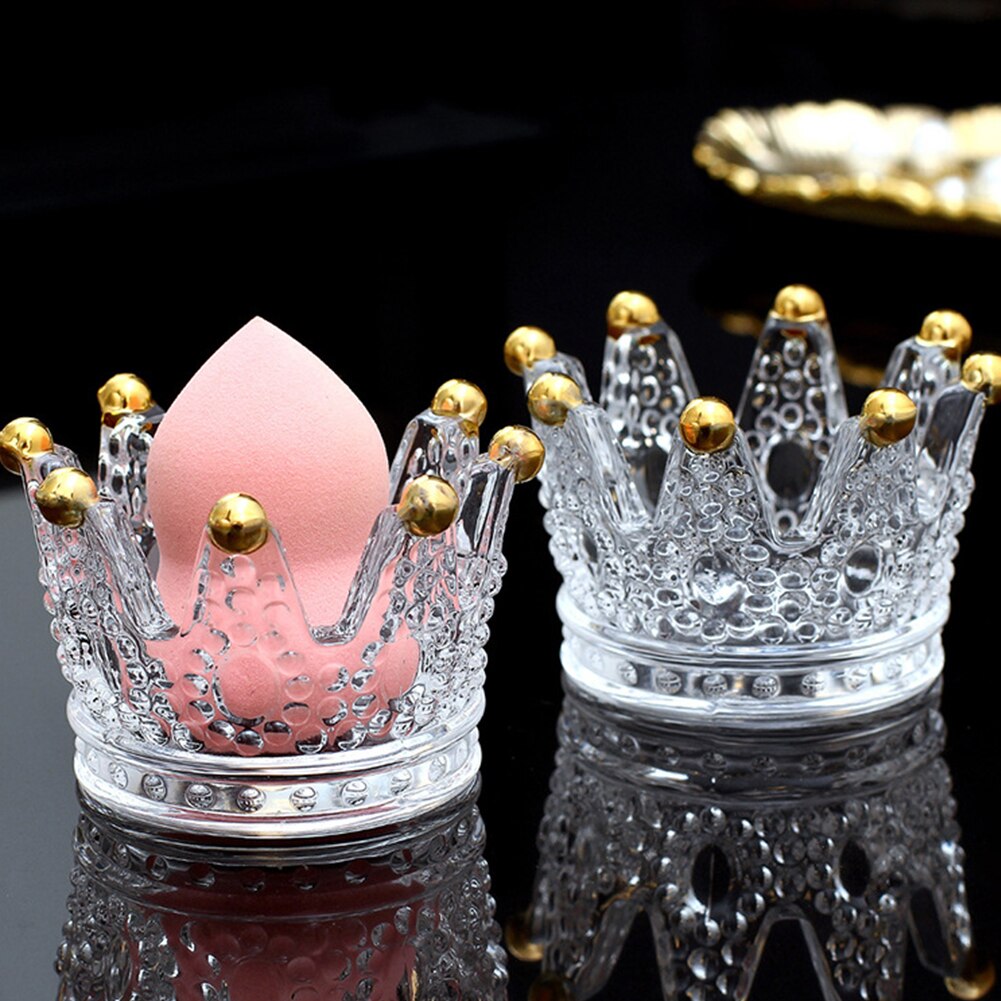 Transparent Dresser Makeup Sponge Holders Desktop Bathroom Display Crown Shape Puff Cosmetic Storage Practical Washable Glass