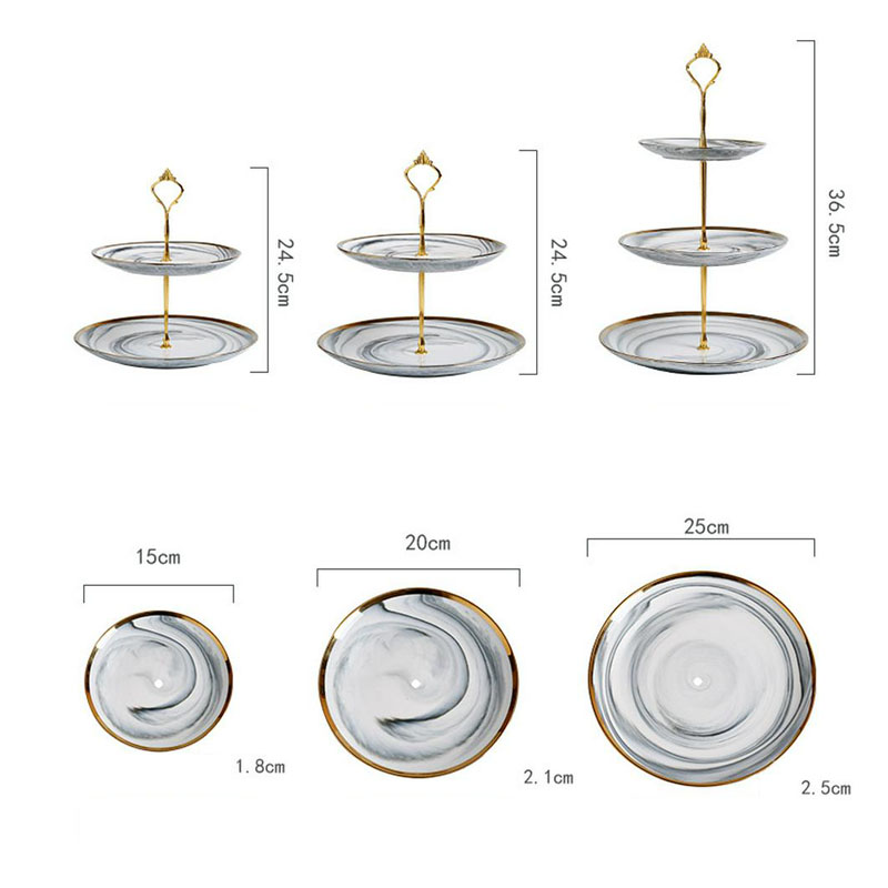 Prachtige 3 Lagen Europese Keramische Fruit Snack Tray Bruiloft Dessert Gebak Plaat Marmeren Textuur Met Gold Trim Opbergvak