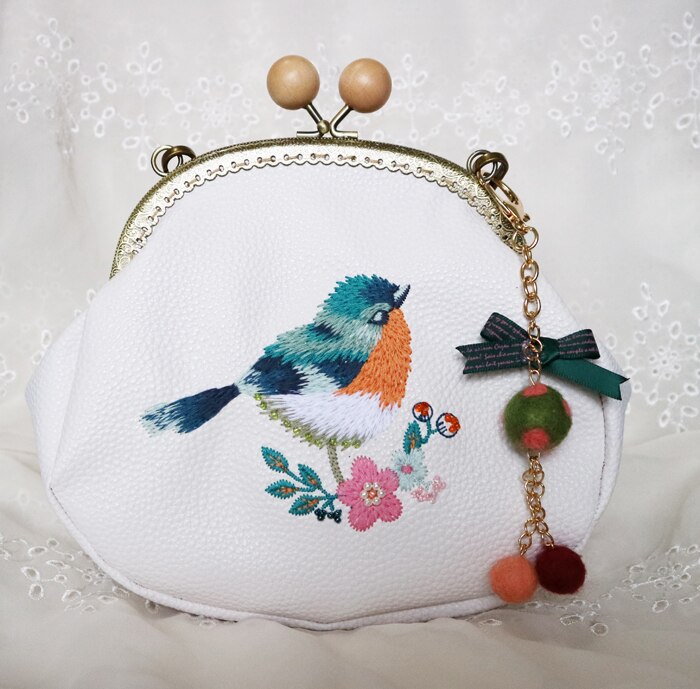 England Mori Style Diamonds Bow Flower PU Chain Embroidery Bird Handmade Wool Felt Women Messenger Shoulder Bag