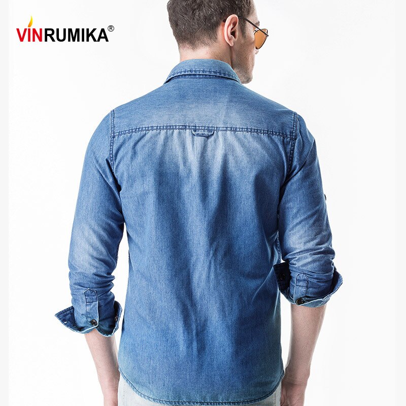 Vår europeisk herr casual stil cowboy svart skjorta man höst 100%  bomull klassisk denim blå långärmade skjortor