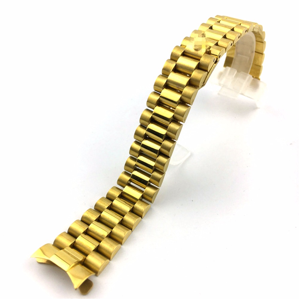 20mm Gold Nahen Gold Silber Uhr Band Gurt Solide Edelstahl gebogen Ende Präsident stil Armbinde Armbinde Gürtel Armbinde