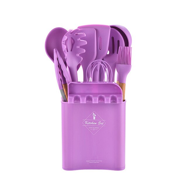 Silicone Cooking Utenils Spatula Spoon Kitchen set Wooden Handle Silicone Kitchenware Set on-Stick Cooker Cooking Spoon: Purple