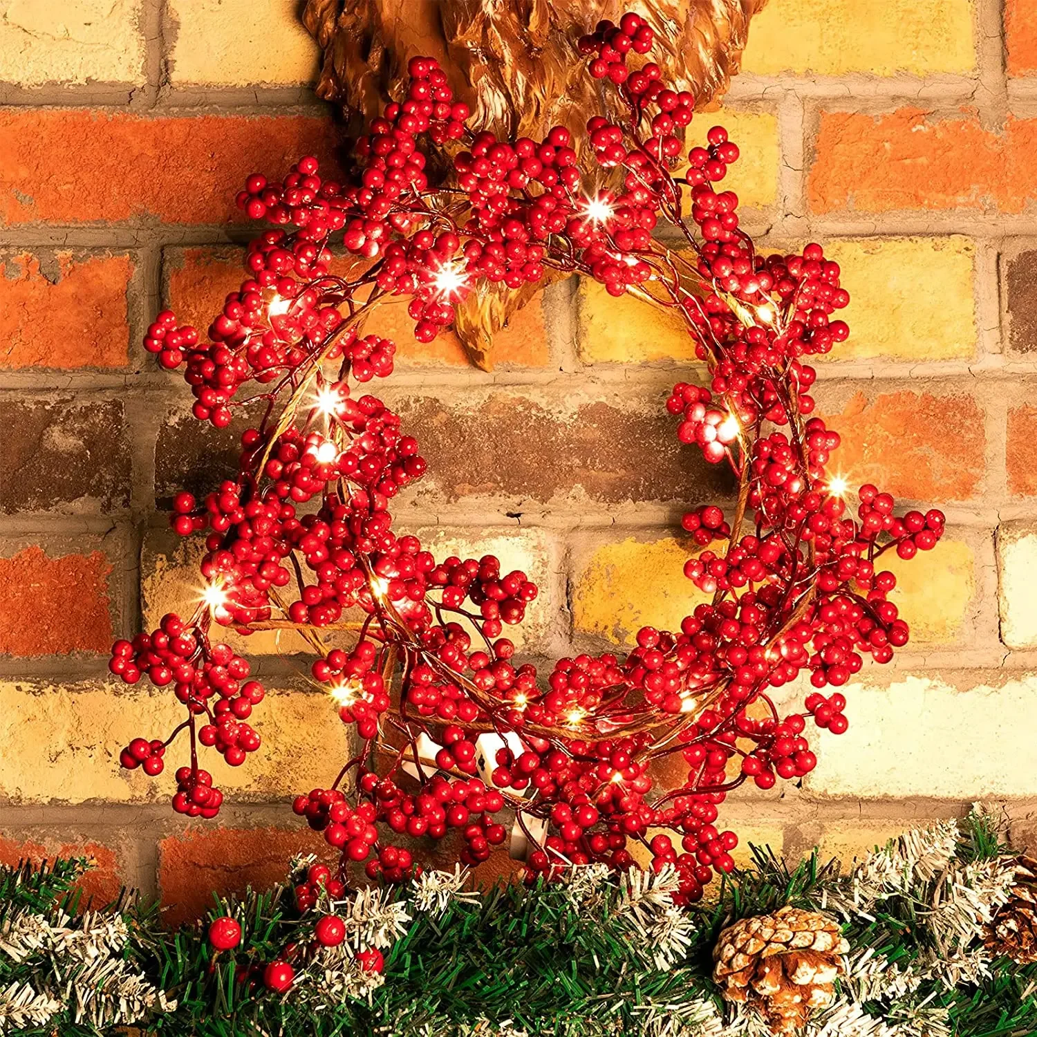 5.9ft/180cm Rode Bessen Kerstslinger Optionele verlichting Goud Zilver Bes Kunstmatige Garland Kerstdecoratie voor Nieuwjaar