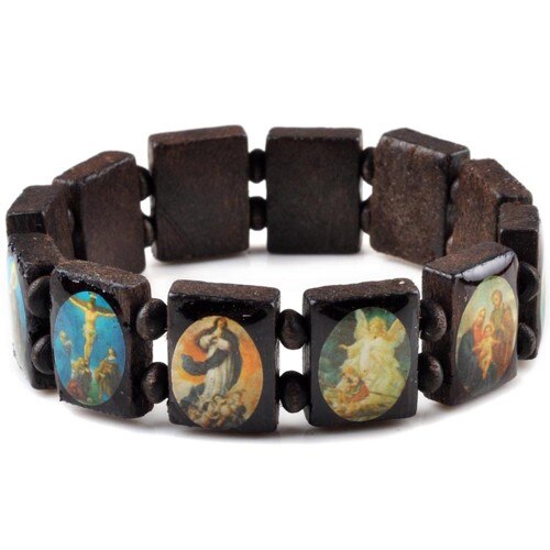 Imixlot Jesus Wooden Saints Rosary Religious Bracelet Angel Bangle Catholic Icon Blessing Jewelry Pulseras Masculina: Dark Brown