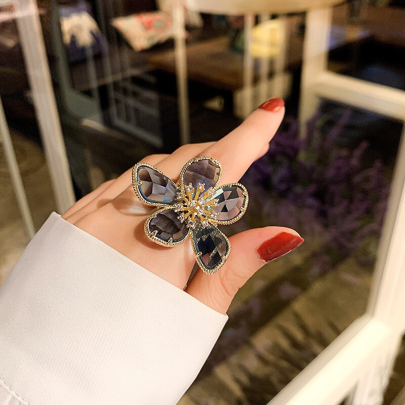 Anelli di fiori eleganti per le donne anello di cristallo floreale alla moda coreano anello di fidanzamento nuziale per gioielli di lusso da sposa regali per ragazze: Grey