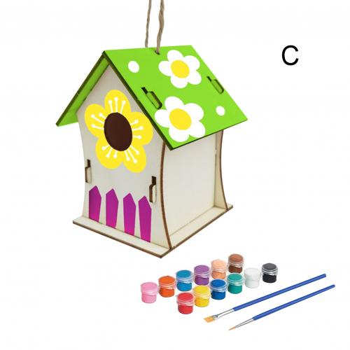 Wooden DIY Hand Painted Self Assembly Birdhouse Hanging Pendant Craft Home Decor: C