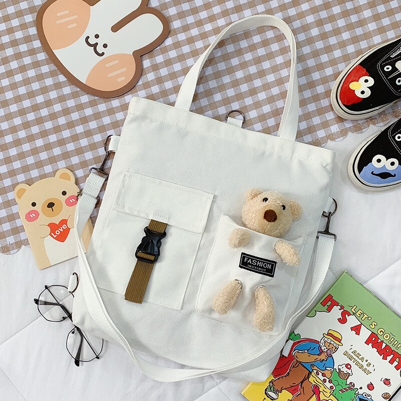 Cute Animal Canvas Bag Backpack Girl Student Single Shoulder Bag Literary Tote Bag: bear4