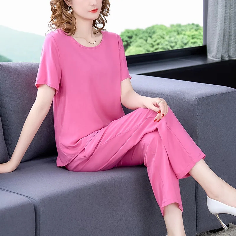 Women Pants 2-Piece Set Female Summer Set Middle aged Female Loose Tops+ Wide leg Pants Two-Piece Suit Short Sleeve Suit 4XL: L / Brown