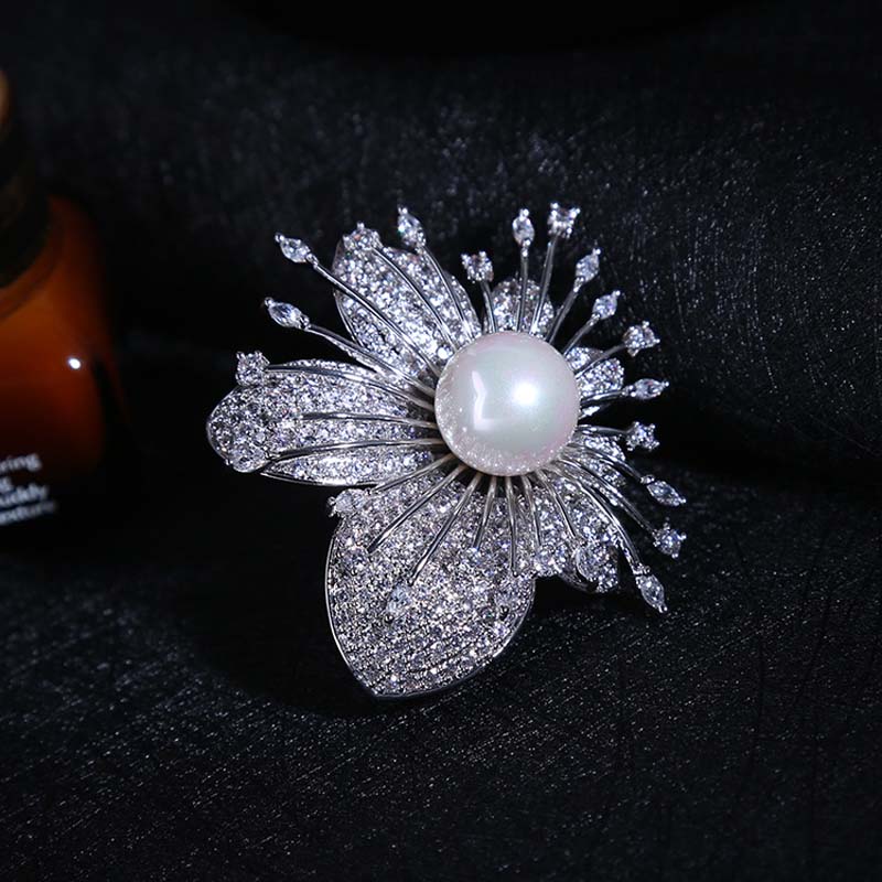 Vermelho árvores de alta qualidade flor broche para o casamento feminino jóias de noiva com concha pérola &amp; zircão cúbico presente aniversário das senhoras