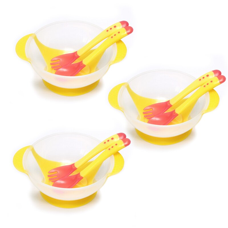 3set Temperature Sensing Feeding Spoon Child Tableware Food Bowl Learning Dishes Plate Suction Cup Baby Dinnerware Set: Yellow Set