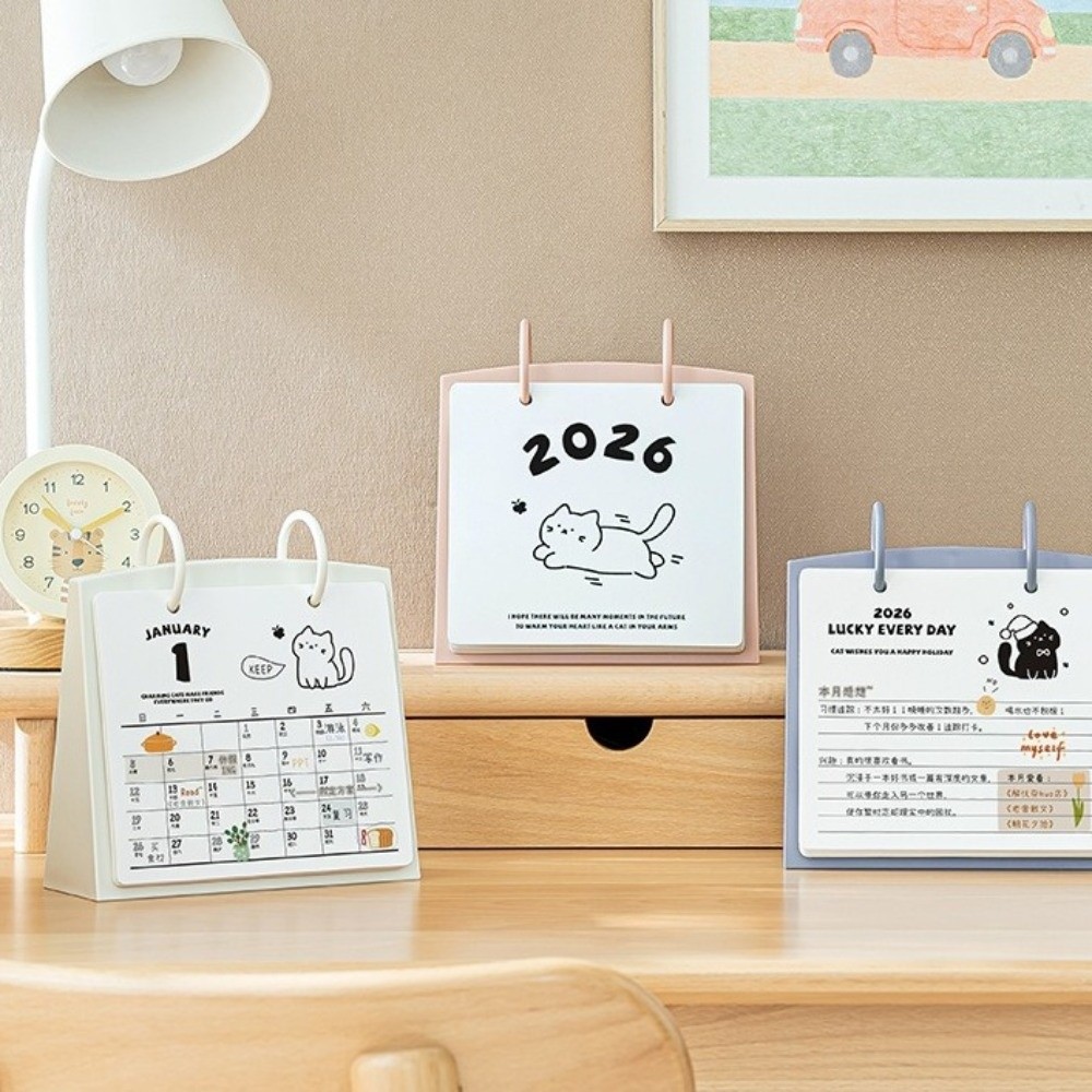 Plastic 2026 Desktop Kalender Cartoon Draagbare Staande Flip Kalender Kat Patroon Stabiele Basis Dagelijkse Planner Thuis