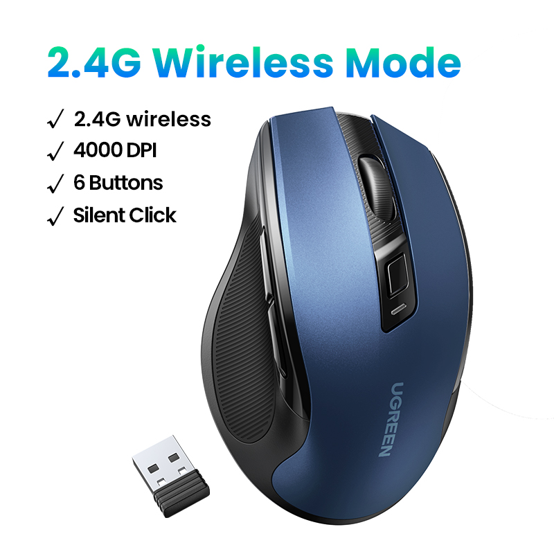 Mysz bezprzewodowa UGREEN mysz Bluetooth 5.0 ergonomiczna 4000 DPI cicha 6 przycisków dla tabletu MacBook mysz do laptopa cicha mysz 2.4G: green