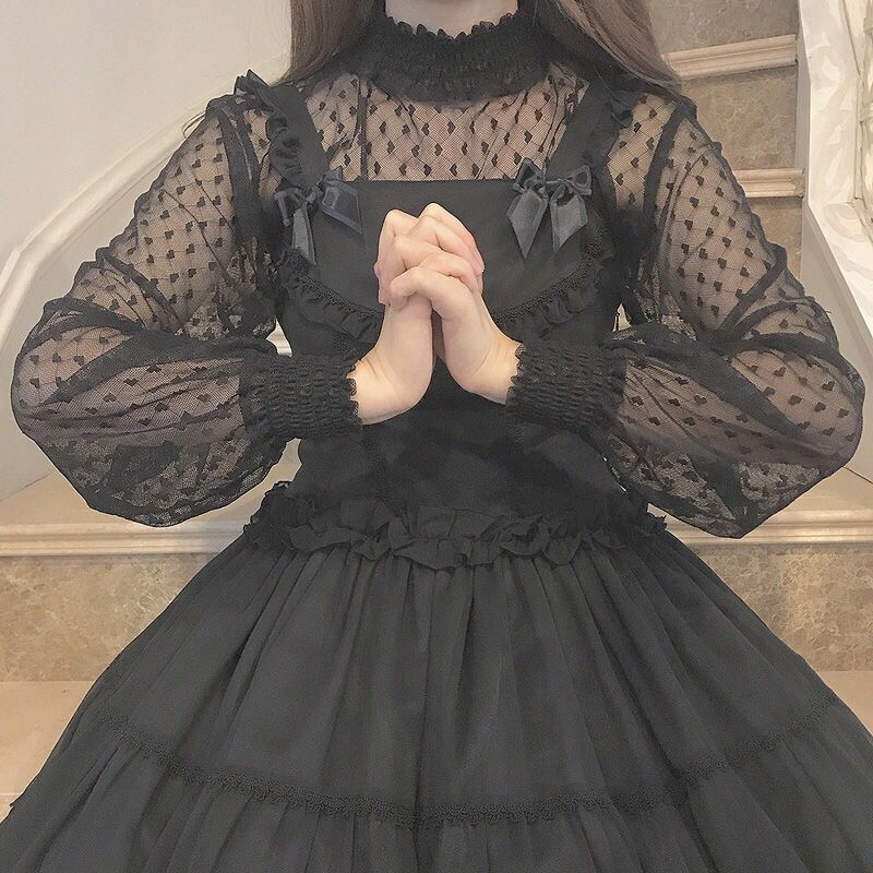 Söt vild lolita skjorta spets lykta ärm dam blusar chiffong knopp mesh gasväv blus inuti spets topp