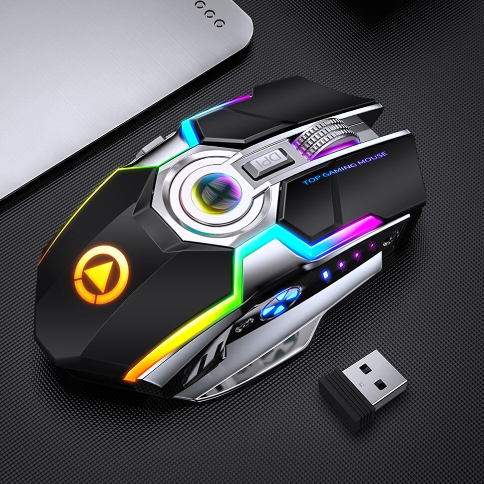 CHYCET Wireless Mouse Rechargeable Silent Gaming Mouse 1600 DPI LED Backlit 2.4G 7 Keys Computer Mouse For Laptop PC Gamer: A5 Black