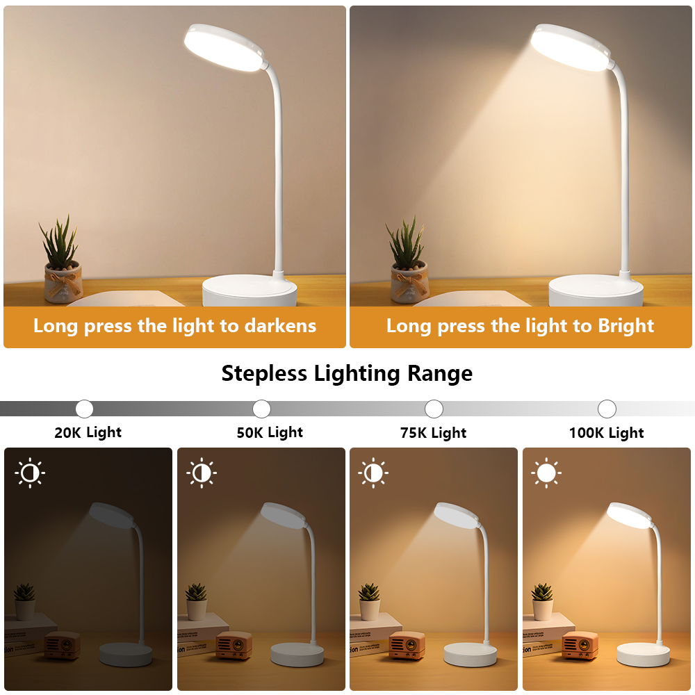 360 ° Lampada da scrivania Lampada da lettura Lampada da scrittura per apprendimento Luminosità a 3 velocità Luce calda Protezione per gli occhi Ricaricabile tramite USB accanto alla lampada