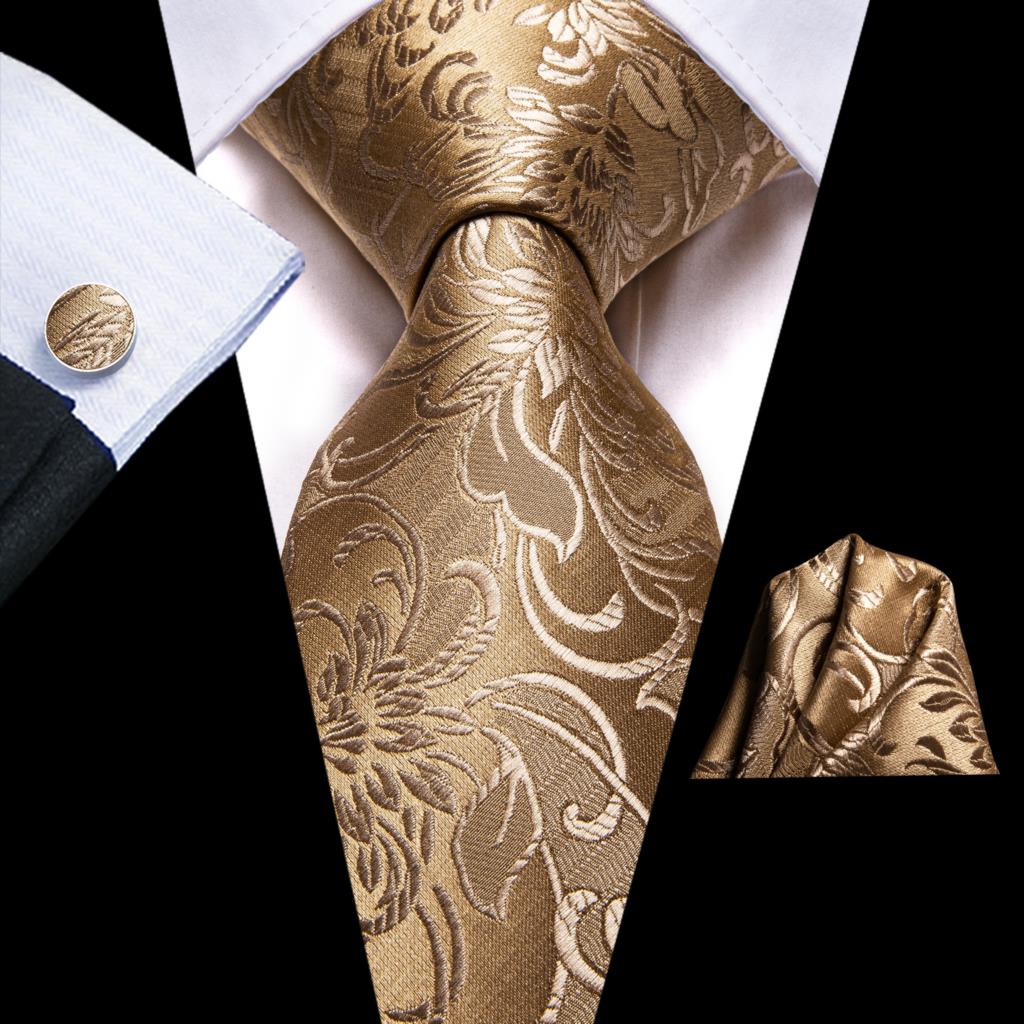 Luxury Gold Floral Ties For Men Exquisite Silk Necktie Handkerchief Cufflinks Sets Groom Wedding Business Party LN-6367