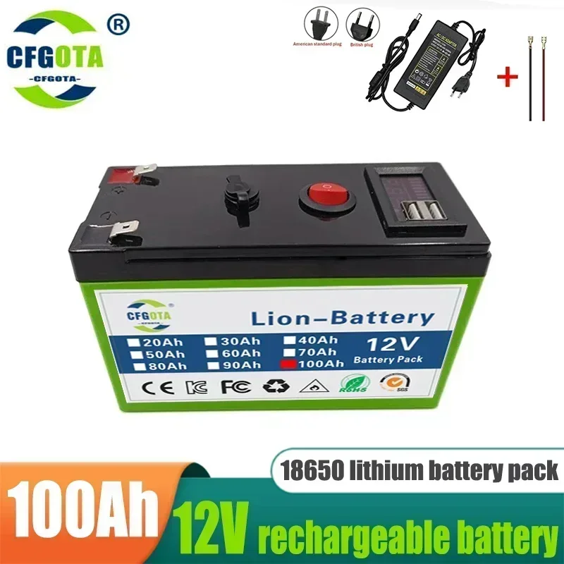 12 V Lithiumbatterie 100 Ah 18650 wiederaufladbare LiFePO4-Batterie für Solarenergie-Elektrofahrzeugbatterie + 12,6 V 3 A Ladegerät: Rosa