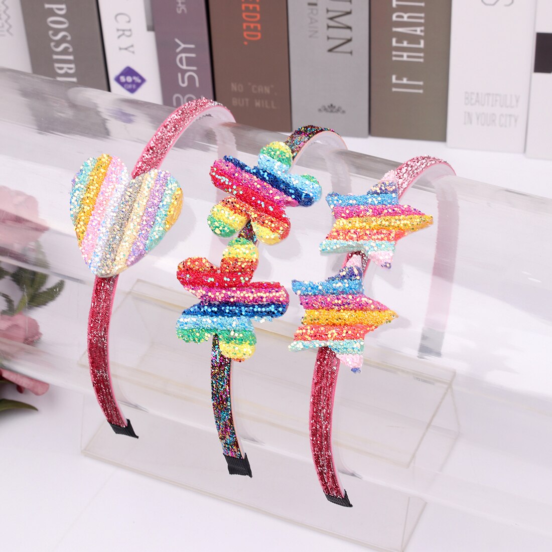 1 Pza niñas diademas de purpurina niños tierna diadema Color arcoíris flor forma de estrella y corazón brillante mujeres accesorios para el cabello