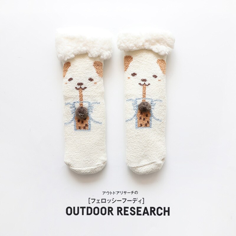 Kids Anti Slip Cashmere Christmas Socks Toddler Child Boys Girl Baby Winter Thick Warm Cartoon Animal Parent-child Thermal Sock: Pearl milk tea / child (2-6 years)