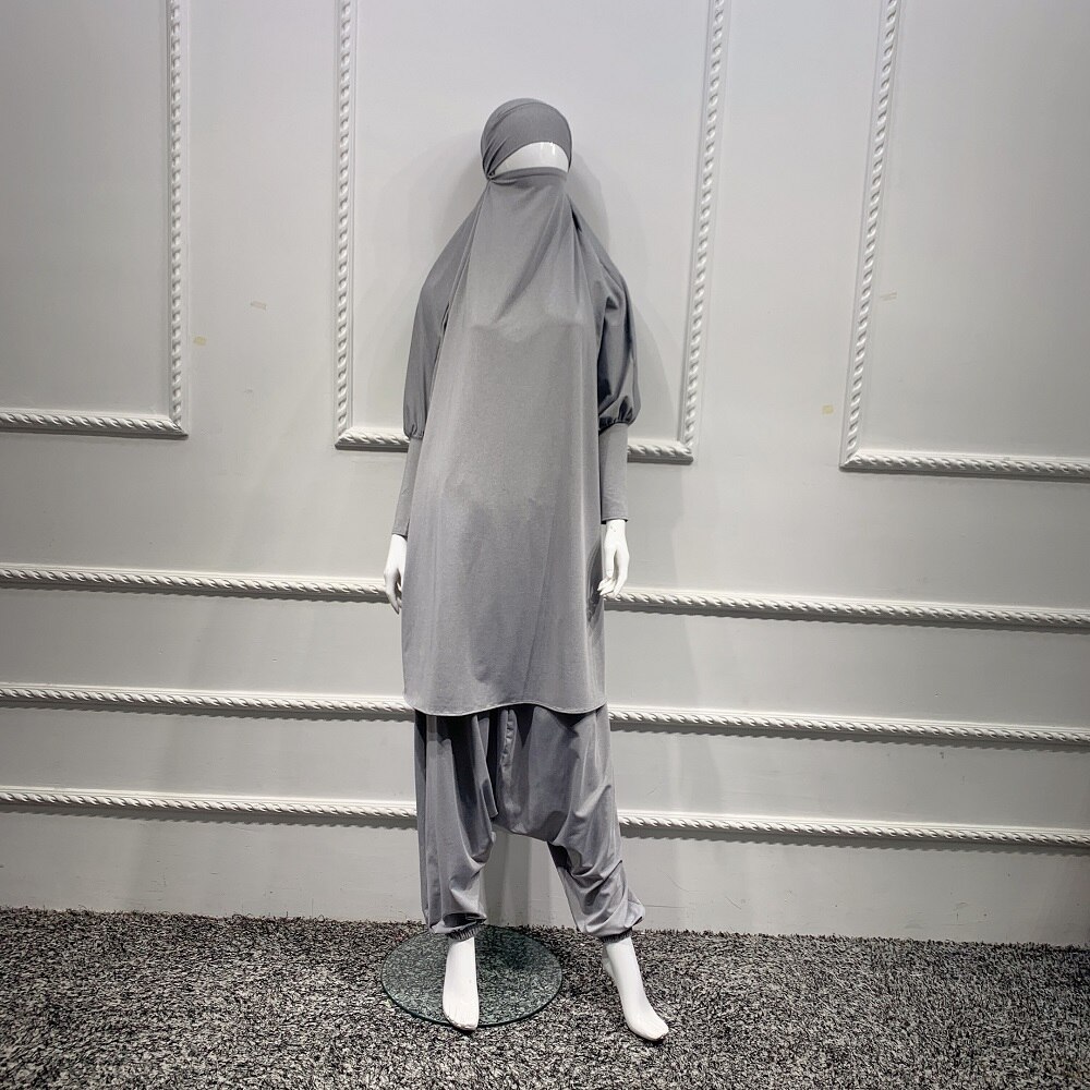 2 sztuka zestaw modlitwa odzież pełna pokrywa sukienka Abaya Eid Ramadan muzułmański islamski długi Khimar Jilbab szaty kobiety workowate spodnie haremki: Gray