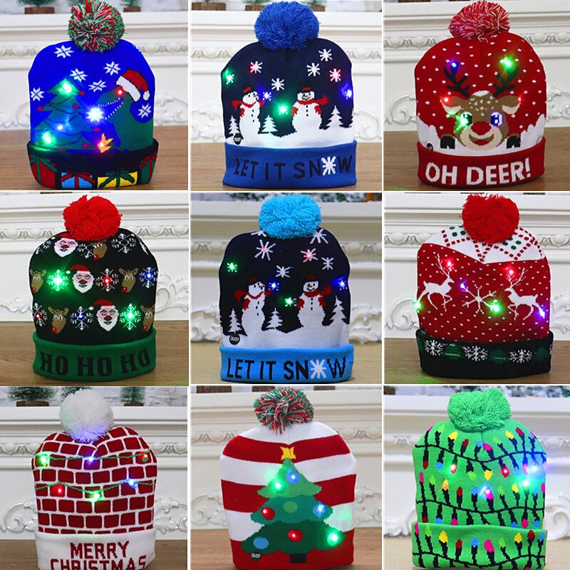 Gorros navideños con luces LED para niños y adultos, gorro de punto colorido y luminoso, de decoración navideña