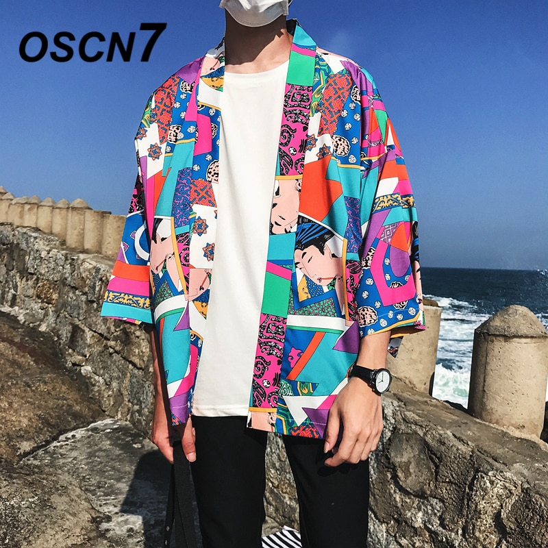 Oscn 7 trykt kimono cardigan skjorte herre street korea trekvart ermer frakk skjorter harujuku herre skjorte 8805