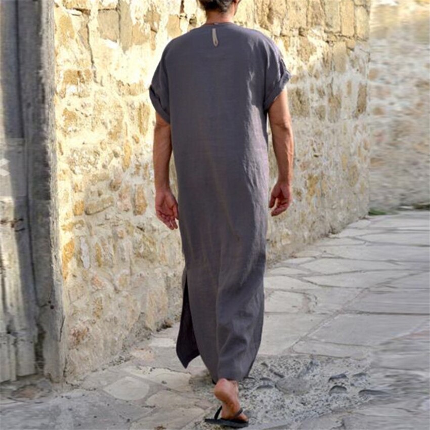 Saudi Arab Dubai Man Muslim Kaftan Thobe Middle East Turkish Islamic Traditional V-neck Jubba Robes Vintage Long Shirt