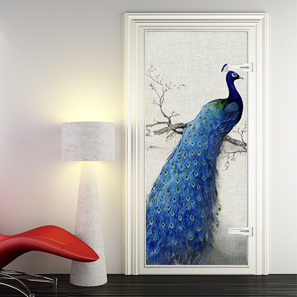 Blue Peacock Dream 3D Door Sticker Peacock Sticker Bedroom Study Bathroom Door Concealer Decoration Wall Sticker
