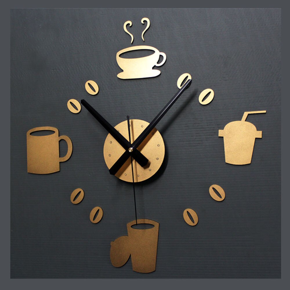DIY Coffee Wall Clock Modern Gold Kitchen Watch Europe Big Cup 3D Stickers Quartz Digital Clocks Home Decor