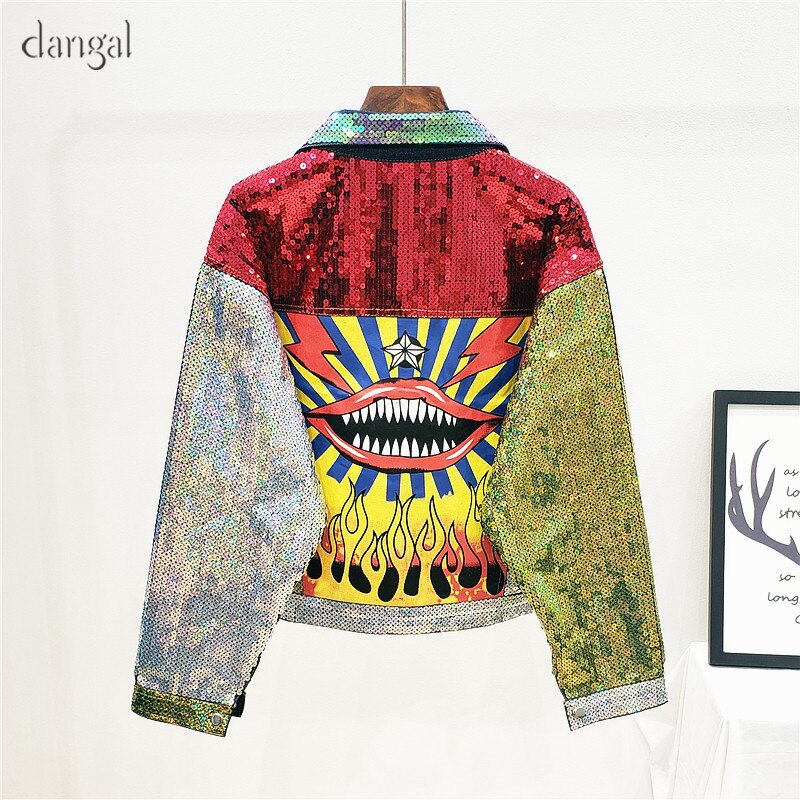 Neue Frau Jeans Jacke Kurze Pailletten Jacke Rot Lippen Top Frauen Jacke Pailletten Mantel Buchstaben Oansatz Heraus Tragen Frauen College jacke: Default Title