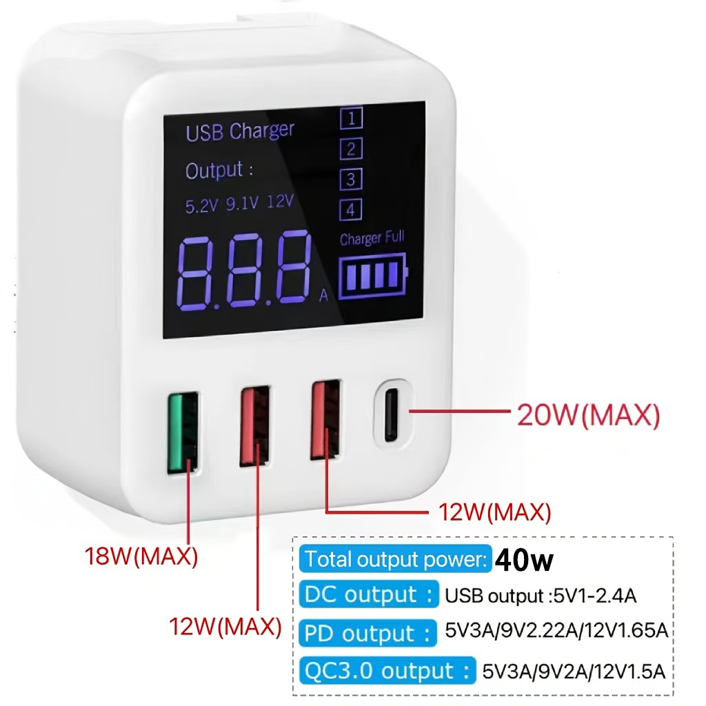 40W 4-poorts USB C-laadstation voor meerdere apparaten, PD 20W snellader en QC 3.0 voor Apple en andere USB-apparaten Wit