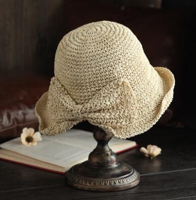 Sombrero de Sol de rafia 100% tejido a mano, sombreros de verano flexibles de ala ancha para mujer, sombrero de copa de paja Panamá para playa, sombrero de sombra para mujer: Beige